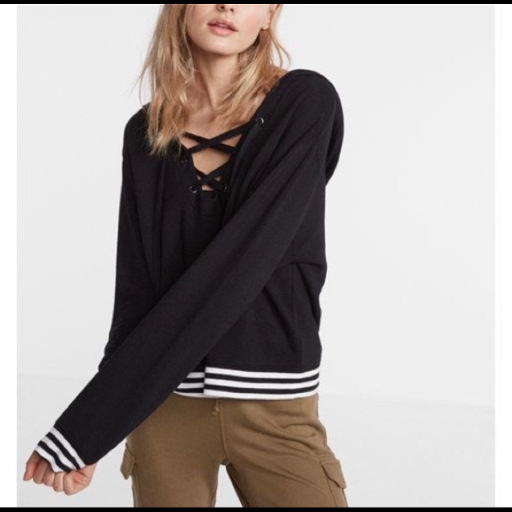 Express One Eleven Laced Black Striped Hoodie Super Comfortable Extra Small